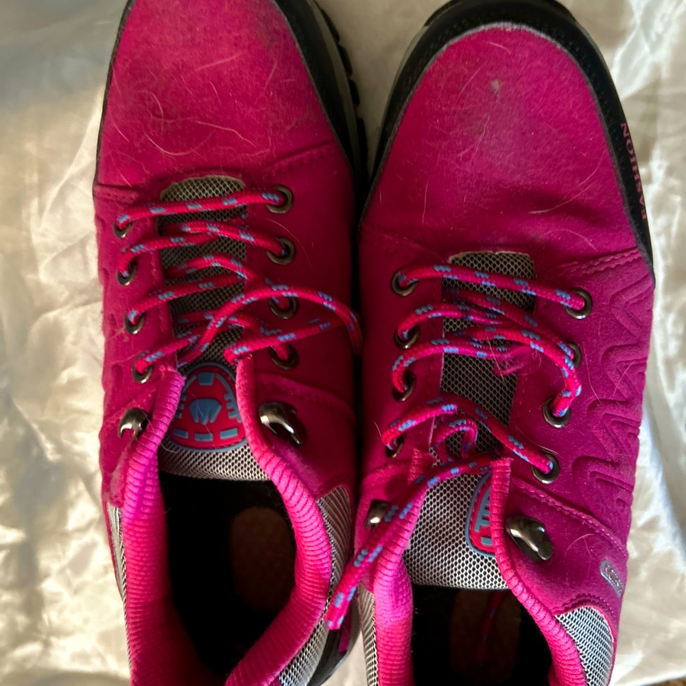 Low pink boots suede feel material with black rugged heels size 9
